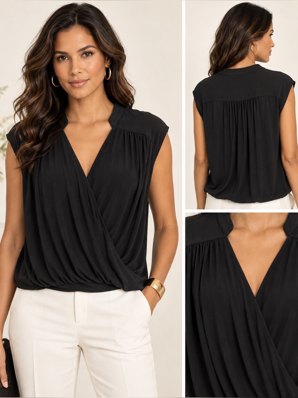 Splendid Black Surplice Draped Sleeveless Blouse NWT Size L